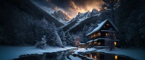 winter landscape,snowy landscape,house in mountains,winter night,winter house,winter background