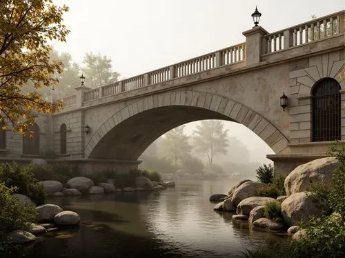 Elegant neoclassical bridge, rustic stone arches, ornate metal railings, weathered copper accents, creamy white marble columns, grandiose lanterns, soft warm lighting, misty morning atmosphere, serene