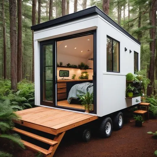 tiny house, modern minimalist, white exterior, large windows, sliding glass door, wooden accents, green roof, solar panels, compact interior, loft bed, ladder, small kitchenette, microwave, sink, stov