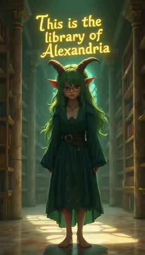 Eerie green light glows from behind a girl as gold lettering above her glows bright then fades.,a painting of a girl dressed in a green dress,librarian,librarians,alexandrian,alexius,academia,arcanjo