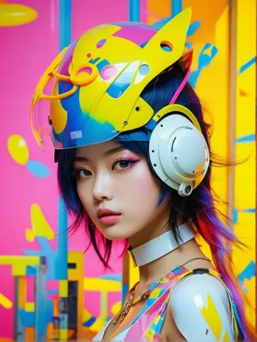 a Japanese girl model with futuristic look and white glossy outfit, eyes looking at viewer, glossy props, collarbone, vivid color, hi-tech designed props for helmet, realistic lips and eyes, realistic