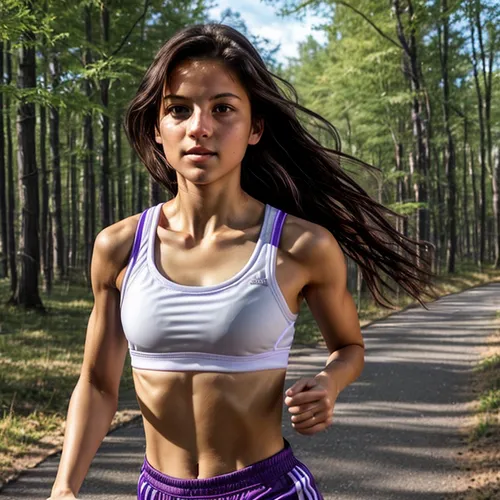 Wearing adidas running shorts.  wearing a purple sports bra.  White running shoes.  ran in New York.,female runner,racewalker,ultrarunning,teodorescu,sprint woman,running,run uphill,athleta,bukharbaye