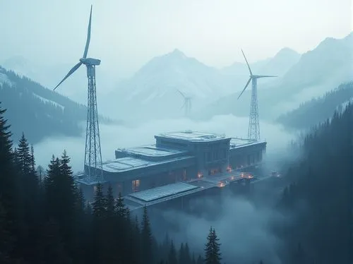 snohetta,wind power plant,mountain hut,industrial landscape,wind turbines in the fog,mountain station,statkraft,ski facility,hydropower plant,alpine hut,foggy mountain,mining facility,mountain huts,ski resort,sse,ski station,power plant,coal-fired power station,the cabin in the mountains,north american fog,Photography,General,Realistic