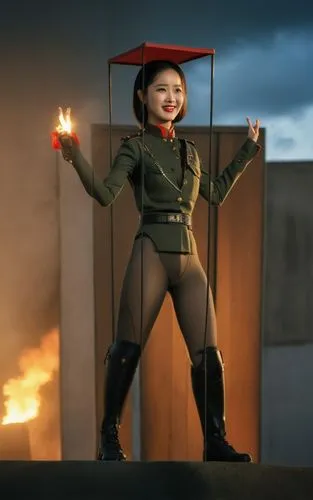 刘亦菲，女兵制服，微笑，红唇masterpiece,best quality,highres,pyrogames,fire siren,flickering flame,fire master,elf on a shelf,evil woman,fire devil,pyro,cgi,woman fire fighter,pyrotechnic,action figure,firebrat,fir