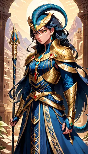 sterntaler,female warrior,cleopatra,goddess of justice,hamearis lucina,blue enchantress,yi sun sin,swordswoman,shuanghuan noble,artemisia,athena,dragon li,zodiac sign libra,aesulapian staff,elza,priestess,dark blue and gold,horus,wuchang,jaya,Anime,Anime,General