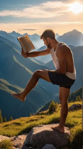 мужчина читает книгу на фоне гор. фотореалистичная фотография,a man reading a book while standing on a rocky cliff,lectura,yoga guy,booksurge,publish a book online,perleberg,asanas,Photography,General