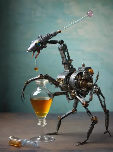 With a swift motion, the robotic pincers firmly grasped the fragile glass vial.,crab violinist,drone bee,exoskeleton,minibot,industrial robot,artificial fly,scrap sculpture,beer cocktail,robotics,robo