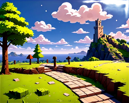 small landscape,salt meadow landscape,landscape background,skylands,mountain world,overworld,mushroom landscape,an island far away landscape,high landscape,fantasy landscape,hiking path,landscape,cliffside,wander,virtual landscape,cartoon video game background,mountain landscape,countryside,backgrounds,skyland,Illustration,American Style,American Style 13