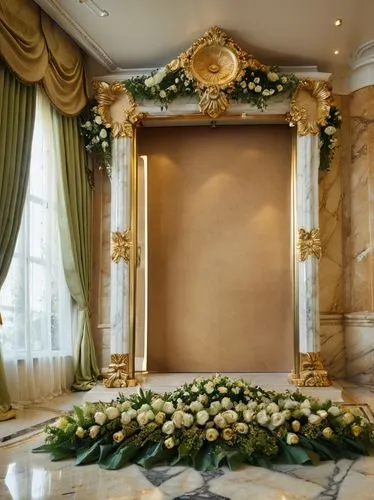 bridal suite,wedding decoration,floral decorations,luxury bathroom,interior decoration,marble palace,ornate room,gold stucco frame,interior decor,wedding decorations,floral arrangement,flower arrangement,decor,decoration,table arrangement,cream and gold foil,damask background,golden wreath,flower arrangement lying,flower decoration,Photography,General,Cinematic