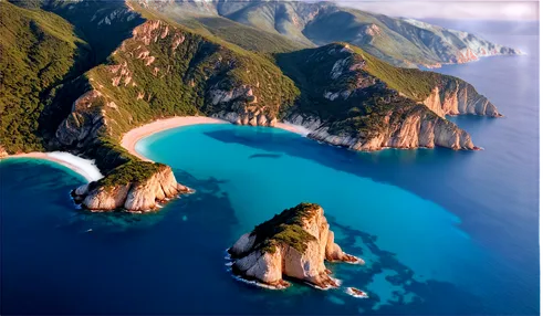 Aerial view, peninsula, Mediterranean sea, clear turquoise water, rugged coastline, sandy beach, rocky cliffs, lush green forests, misty mountains, sunrise or sunset, warm golden light, 3/4 compositio