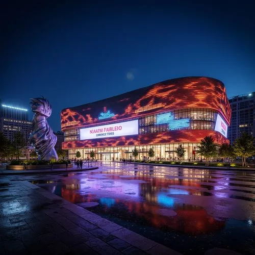 Vibrant postmodern football stadium, dynamic curved lines, irregular shapes, bold color schemes, metallic materials, neon lights, LED displays, abstract patterns, futuristic architecture, cantilevered