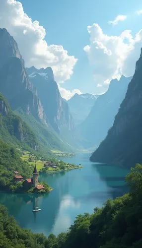 a scenic view of a mountain lake with a village on one end,bernese highlands,fjord landscape,landscape background,fantasy landscape,beautiful landscape,fjord,Photography,General,Realistic