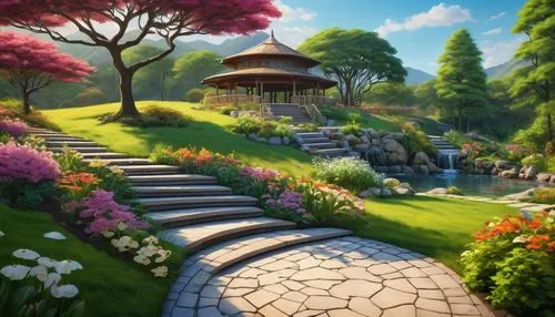 nature garden,landscape background,home landscape,spring background,zen garden,fantasy landscape,cartoon video game background,japanese garden,flower garden,japanese zen garden,springtime background,pathway,fairy village,japan garden,japanese sakura background,landscaping,landscaped,fairy world,sake gardens,climbing garden,Illustration,Realistic Fantasy,Realistic Fantasy 18