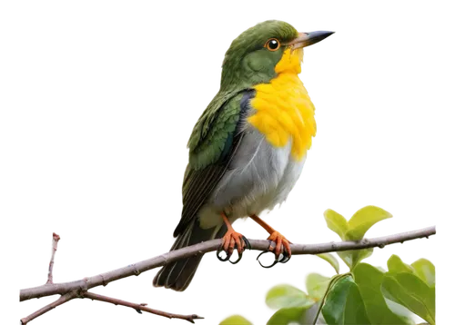 Small bird, perched on branch, green leaves, bright eyes, yellow beak, fluffy feathers, singing, morning ambiance, soft natural light, close-up shot, shallow depth of field, warm color tone, gentle fo