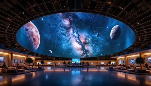 \Cosmic planetarium, starry night sky, vibrant nebulae, twinkling LED lights, soft ambient glow, warm floor lighting, subtle spotlighting, futuristic dome architecture, sleek metal beams, polished gla