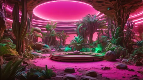 futuristic landscape,virtual landscape,alien world,alien planet,3d fantasy,3d background,oasis,vapor,ufo interior,3d render,fractal environment,mushroom landscape,terrarium,biome,acid lake,magenta,pink green,fairy village,portal,jungle,Photography,General,Natural