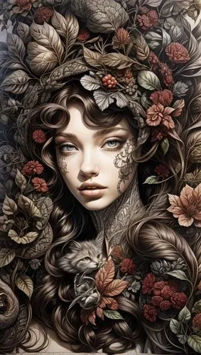 girl in a wreath,dryad,faery,flora,girl in flowers,mystical portrait of a girl,fantasy art,faerie,the sleeping rose,wreath of flowers,wilted,the enchantress,fantasy portrait,japanese art,landscape rose,elven flower,medusa,fae,secret garden of venus,floral wreath