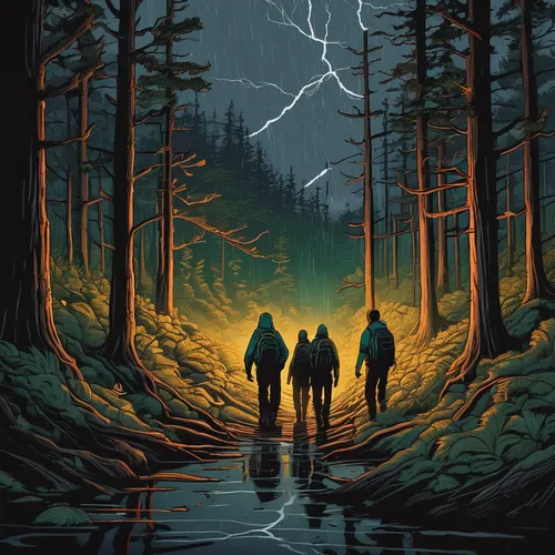 Trapped in the backwoods during a storm, a group of friends try to find their way back home.,forest workers,sci fiction illustration,hikers,travelers,pines,forest road,game illustration,mountaineers,p