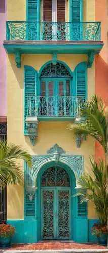 Creole architecture, colorful buildings, wooden shutters, ornate balconies, vibrant turquoise doors, intricate ironwork, flower-filled windowsills, pastel-colored walls, decorative tile roofs, lush gr