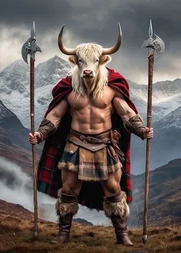 Highland, majestic mountains, misty atmosphere, Scottish Highland cattle, Minotaur, half-human half-cow, powerful physique, muscular arms, sharp horns, gentle eyes, flowing white hair, rustic wooden s