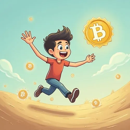 شخصية كرتونية (تمثل الشخص المبتدئ) تجري بسرعة نحو عملة مشفرة طائرة في الهواء,a  jumping into the air towards a bit coin,satoshi,bakdash,btc,bch,electronico,dgb