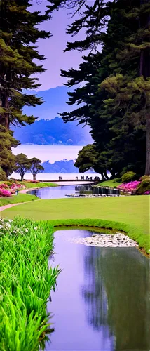 Golden Gate Park, sunny day, San Francisco, California, USA, iconic landscape, vibrant green grass, winding walking paths, tall trees, blooming flowers, picturesque lake, paddle boats, people strollin