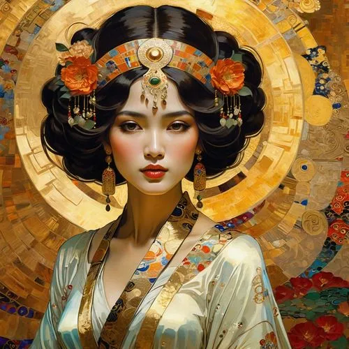 oriental princess,geisha,geisha girl,oriental girl,amano,mucha,chinese art,oriental,orientalism,oriental painting,golden wreath,vintage asian,dongfang meiren,vietnamese woman,asian vision,asian woman,jasmine blossom,art nouveau,golden flowers,art deco woman,Conceptual Art,Fantasy,Fantasy 18