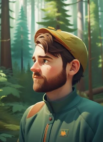 a 32 years old man in forester clothing, wearing a cap in a mountain forest. Full body,the artist is painting a very realistic image of a man,kovic,lumberjax,mcartor,forest man,mcarthur,yogscast,Illus