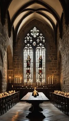 Fantasy game scene, medieval castle, gothic architecture, stone walls, stained glass windows, grand hall, wooden tables, candles, suits of armor, swords, shields, fantasy characters, warriors, mages, 