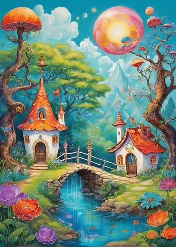 fairy village,mushroom landscape,fairy world,wishing well,mushroom island,fairy house,fantasy landscape,fantasy world,dream world,home landscape,fairy forest,children's background,fantasy picture,wonderland,fantasy art,3d fantasy,dreamland,children's fairy tale,aurora village,whimsical,Illustration,Abstract Fantasy,Abstract Fantasy 13