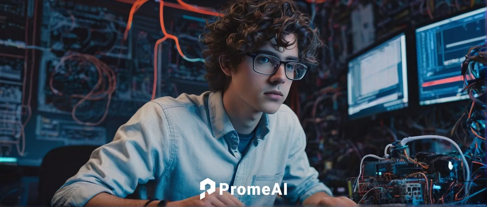 AI creator, young adult male, messy hair, thick black-rimmed glasses, white shirt with rolled-up sleeves, blue jeans, sneakers, standing in front of a cluttered desk, surrounded by coding books, compu