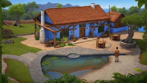 Traditional Greek cafe,Greek village,Mediterranean plants, blue window, blue door, terracota walls,,summer cottage,pool house,water mill,wishing well,popeye village,aqua studio,fish pond,resort town,h