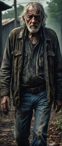 Bernie Wrightson's character, Walking Dead, dark atmosphere, horror theme, undead, zombie, old man, rugged face, wrinkles, worn-out clothes, tattered jeans, bloody stains, ripped shirt, gray hair, bea