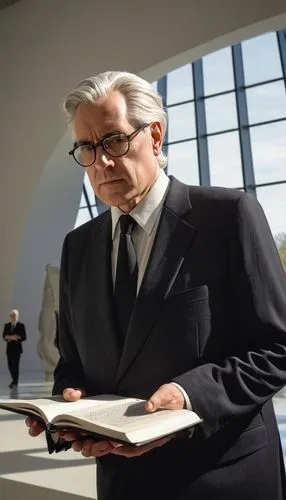 Donald Albrecht, curator, middle-aged man, bespectacled, grey hair combed back, formal attire, black suit, white shirt, dark tie, holding a small notebook, standing in front of a large architectural m