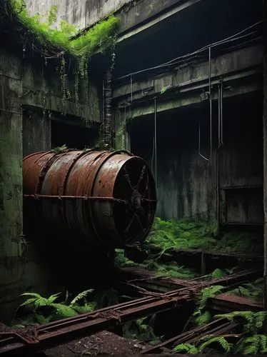 Wicked, futuristic, cyberpunk, abandoned, dystopian, industrial, broken, neon-lit, dark alleys, twisted metal beams, shattered glass, crumbling walls, overgrown vegetation, toxic waste barrels, eerie 