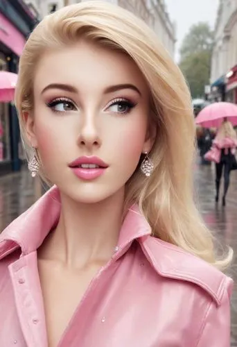 Beautiful blonde lady dressed as Barbie going shopping in real life, in a rainy London street,realdoll,barbie,barbie doll,doll's facial features,artificial hair integrations,pink beauty,women's cosmet