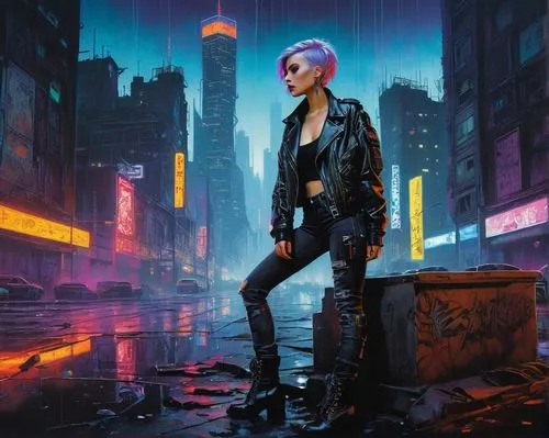 Cyberpunk Lora, solo, futuristic, neon lights, metallic hair clips, short bobbed hair, pale skin, intricate tattoos, leather jacket, torn jeans, black boots, standing, leaning against a graffiti-cover