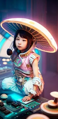 Asian girl with mushroom on her head and pastel colored clothes,chinese teacup,asian costume,hanbok,mulan,asian teapot,noodle image,asian culture,asian lamp,bun cha,goki,chinese background,asian visio