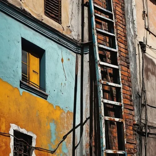 fire escape,facade painting,colorful facade,burano island,rowhouse,ladders,wooden ladder,burano,pelourinho,shophouses,dilapidated building,urban landscape,trastevere,giudecca,shutters,painted block wall,alleys,buildings italy,italian painter,alleyways,Photography,Artistic Photography,Artistic Photography 06