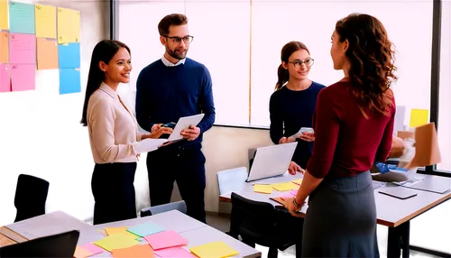 Multiple people, team collaboration, diverse ages, casual wear, standing around table, laptops open, papers scattered, colorful sticky notes, modern office background, natural light, soft focus, warm 