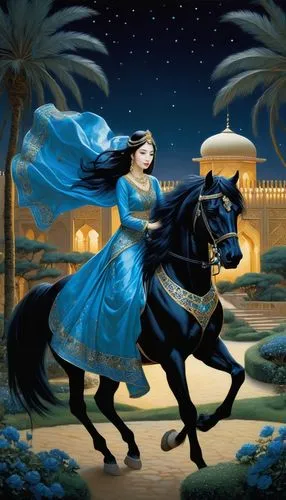 night, gardens in an arabian palace, a princess in a blue arabian dress with jewels rides a black horse in the dark, his mane fluttering in the wind,a woman in a dress riding a black horse,rem in arab