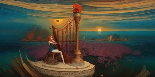 celtic harp,harp player,harpist,fantasy picture,angel playing the harp,transistor,ancient harp,fantasy art,harp,fantasia,sea fantasy,mermaid background,harp strings,3d fantasy,golden candlestick,harp with flowers,musical background,constellation lyre,the flute,surrealism,Illustration,Paper based,Paper Based 04