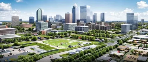 An urban planning birds eye view of a modernized Uptown Charlotte, NC, in an European architecture style revitalized with the expansion of the First Ward park by adding a series of public green spaces