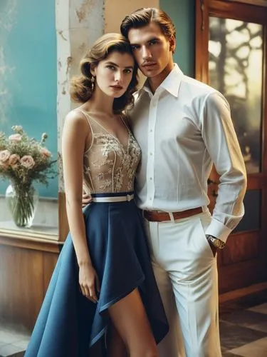 Create an elegant couple in love that will show off your best work.,a young couple is posed together while wearing formal clothing,vintage man and woman,vintage boy and girl,beautiful couple,roaring t