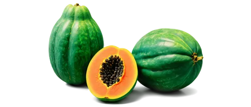 Ripened papaya, green skin, yellow flesh, juicy texture, rounded shape, leafy top, solo, still life, warm lighting, soft focus, 3/4 composition, shallow depth of field, vibrant color tone, realistic.,