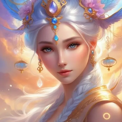 fantasy portrait,janna,zodiac sign libra,fantasy art,kuanyin,diwata,golden crown,fairy queen,lumi,sona,faerie,estess,llyra,diana,inara,priestess,oriental princess,jaina,circlet,rafaela,Illustration,Realistic Fantasy,Realistic Fantasy 01