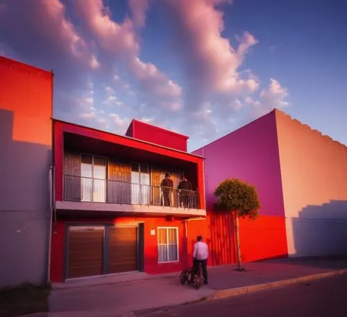 A minimalist-style house with bold, geometric patterns and a rustic wooden facade sits in the heart of a bustling city. The house features three unique hues of color - the light of a sunlit streetlamp