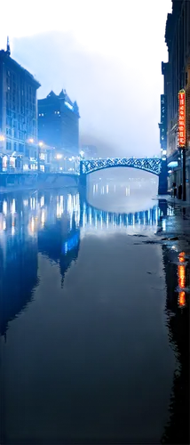 Knoxville cityscape, night scene, skyline silhouette, tall skyscrapers, Tennessee Theatre signage, Henley Street Bridge, river reflection, misty atmosphere, dark blue tone, cinematic lighting, 3/4 com