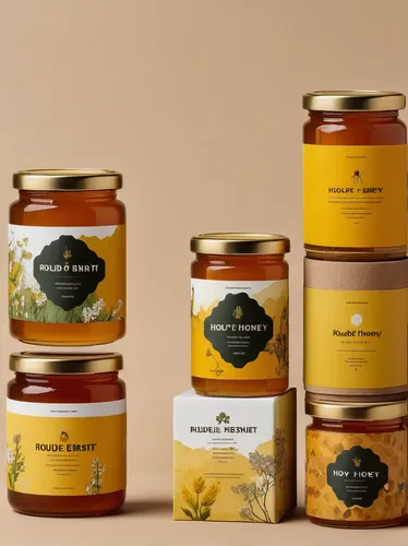 Create a eco-friendly honey packaging using sustainable materials and earthy tones.,honey products,honey jars,flower honey,honey jar,gold foil labels,preserved food,packaging and labeling,tanacetum ba