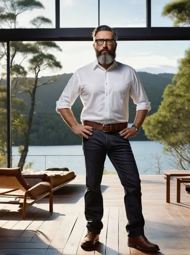 Mature male architect, designer, Taupo style, standing, hands on hips, wearing black framed glasses, short dark hair, beard, white shirt, rolled up sleeves, dark jeans, brown leather belt, black boots